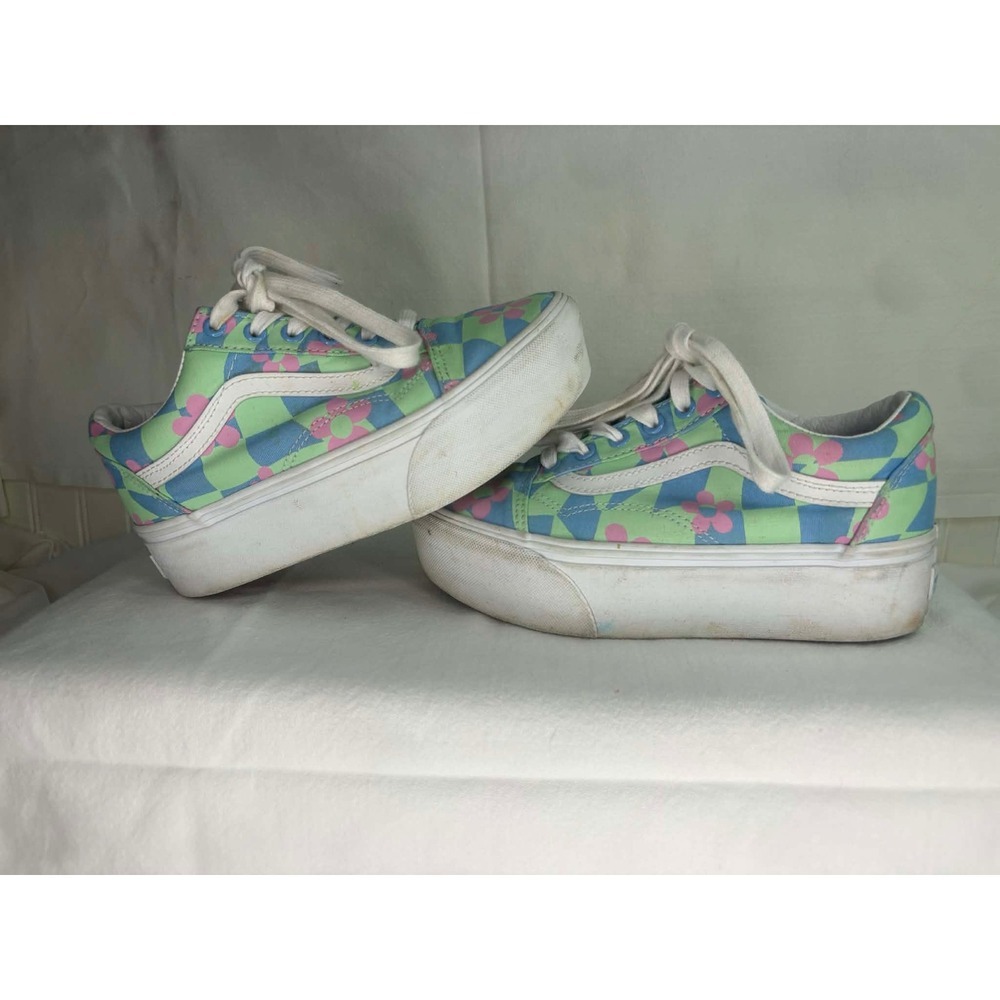 Vans Old Skool Stacked Platform Sneakers Floral Checkerboard Pastel Womens 6